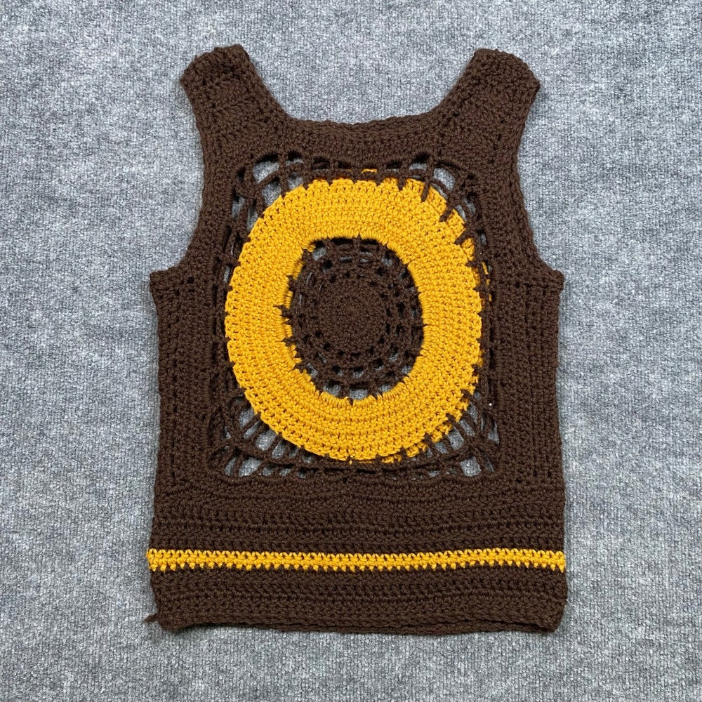Handmade Crochet Sweater Vest Brown Yellow Boho Medallion Open Knit Sleeveless